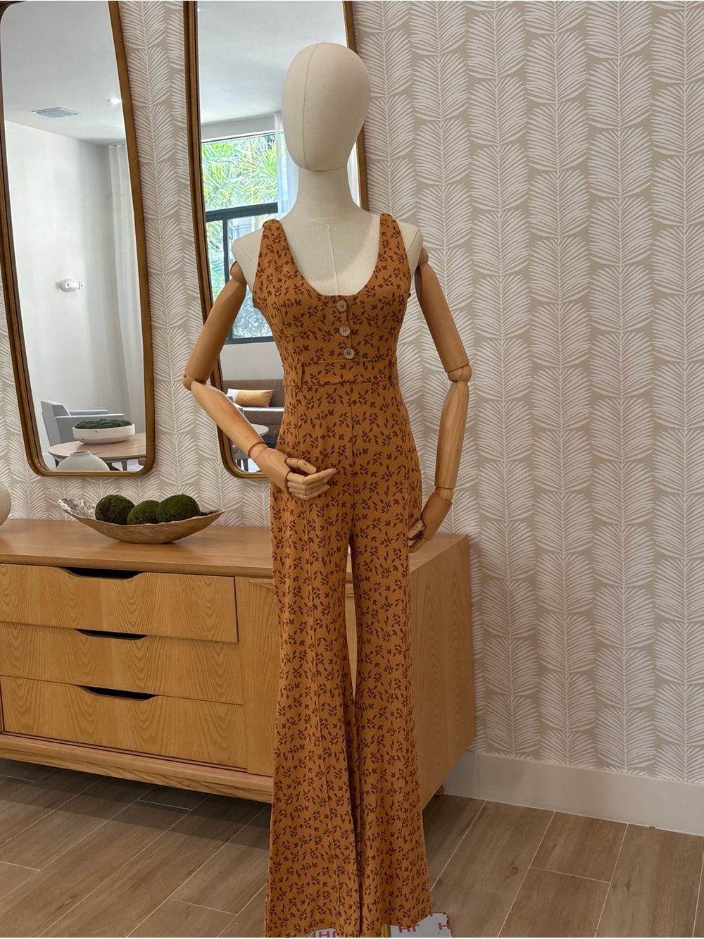 Free People Rust Floral Button-Front Wide-Leg Jumpsuit